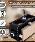 2-in-1 Auto Centering Dowel Drilling Jig With 8 Drill Bushings 3-10mm on wood, showing drill bit and measuring scale for precision.