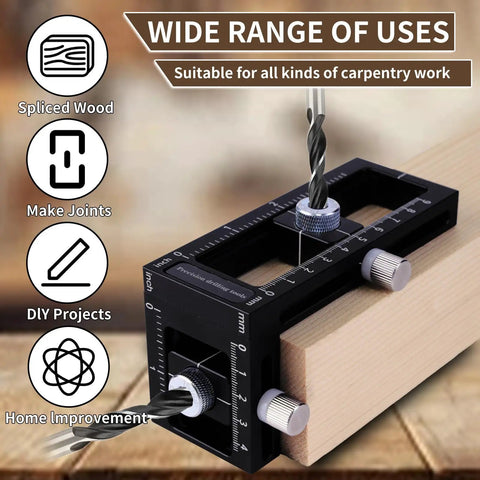 2-in-1 Auto Centering Dowel Drilling Jig With 8 Drill Bushings 3-10mm on wood, showing drill bit and measuring scale for precision.
