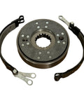 Front view of round steel brake drum with splined center hub and two curved brake shoes with mounting brackets.