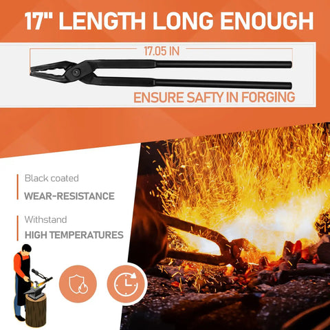 Wolf Jaw Blacksmith Tongs 17 Inch Forging Tool for Blacksmiths, showing length, forging scene, and durability features