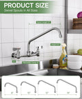 CENOSA Wall Mount Faucet 8" Center, Commercial Sink Faucet with 14" Spout showing adjustable design and sizes.