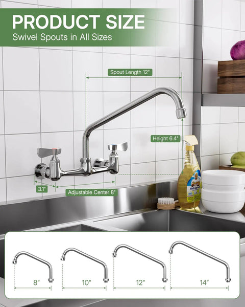 CENOSA Wall Mount Faucet 8" Center, Commercial Sink Faucet with 14" Spout showing adjustable design and sizes.
