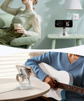 Two setups of Traveling Wireless MagSafe 3 in 1 Fast Charging Station with iPhone docked, showing versatility and modern use in white.