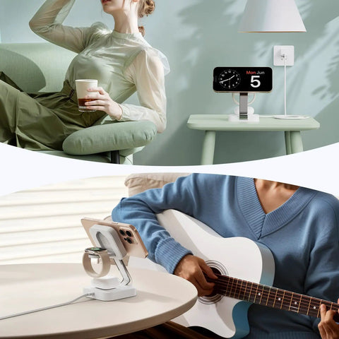 Two setups of Traveling Wireless MagSafe 3 in 1 Fast Charging Station with iPhone docked, showing versatility and modern use in white.