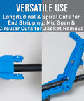 FOR-3000 Round Fiber Optic Cable Stripper on black cable, showcasing longitudinal and spiral cut features.