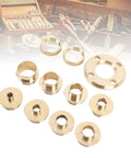 Heavy Duty Brass Router Bushing Set With Template Guide Rings For Woodworking Shops Featuring Quick Install Design and Exact Sizing for Slick Cuts.
