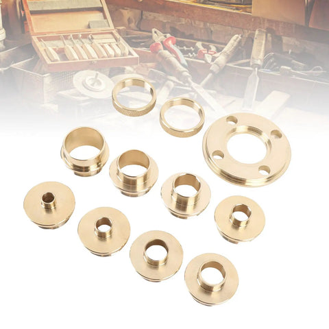 Dead Nuts Accurate Solid Brass Router Guide Kit with Eleven Precision Template Bushings showing brass inserts for routing tasks