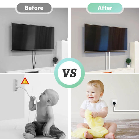 Before and after comparison using 2 Cords Wire Cover Kit for Wall Mounts White PVC Cord Concealer with child safety.