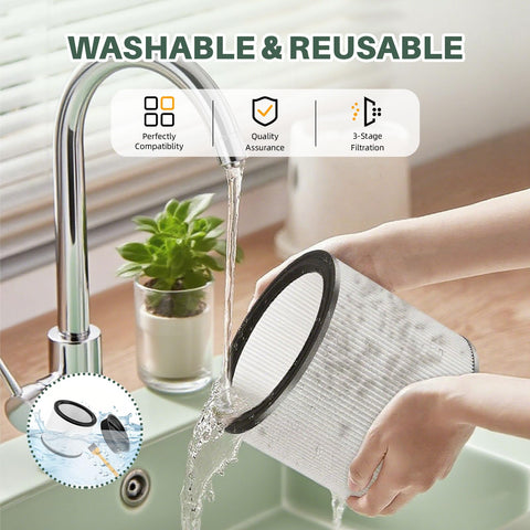 Person washing Reusable Wet Dry Vacuum Filter Replacement For Shop Vac 90304 90333 90350 And Other 5 Gallon And Up Vacs High Efficiency HEPA Cartridge Filter under a sink tap