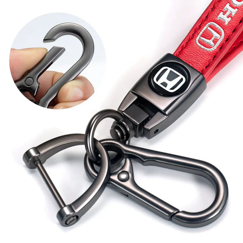 Hella Durable Red Leather Auto Keychain With Slick Zinc Alloy Strap Tough Key Fob Lanyard For Honda Accord Civic Crv Pilot, showing metal hook.