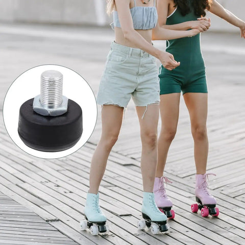 Adjustable Rubber Toe Stopper for Roller Skates High Elasticity Brake Head Replacement 2 Inch in closeup with skaters in background