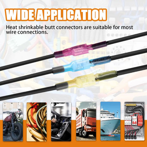 Heat shrinkable butt connectors in various colors for wiring applications in vehicles, boats, and appliances.