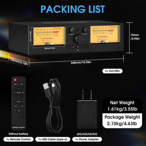VU3 Pro Dual Analog VU Meter For Audiophiles 2 Way Amplifier Switch And Speaker Selector 2 In 2 Out Audio Switcher Box With DB Panel Display, black aluminum, 268mm wide