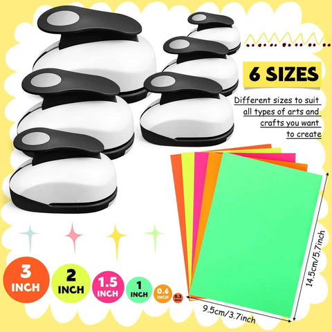Six Piece Circle Punch Set With All The Right Sizes 0.3in 0.6in 1in 1.5in 2in 3in And Ten Color Sticker Papers