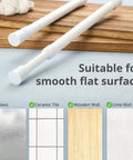 Two Pack Small Tension Rods 12 To 20 Inch Adjustable Spring Curtain Rods For Closets Cabinets Cupboards Drawers White Easy No Drill Install Slim Short Tension Rods For Narrow Spaces Lightweight Rust Resistant Design shown on wood surface with suitable surfaces like glass, tile, wood, and lime wall visible.