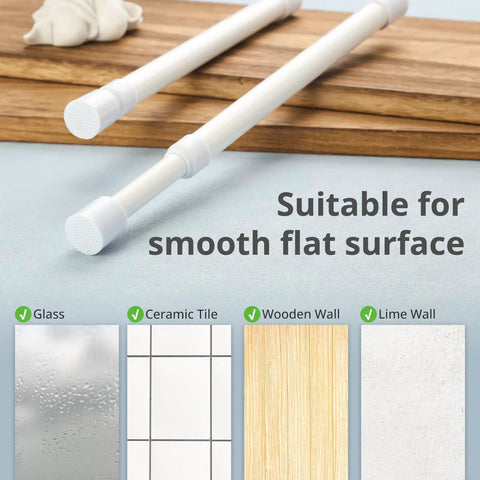 Two Pack Small Tension Rods 12 To 20 Inch Adjustable Spring Curtain Rods For Closets Cabinets Cupboards Drawers White Easy No Drill Install Slim Short Tension Rods For Narrow Spaces Lightweight Rust Resistant Design shown on wood surface with suitable surfaces like glass, tile, wood, and lime wall visible.