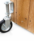 8 Inch Spring Loaded Gate Caster With 360 Degree Swivel Built To Last Heavy Duty 375 Lb Capacity, Solid Rubber Flat Free Wheel, mounted on wood gate