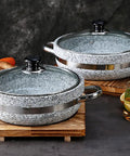 Induction Base Granite Stone Bowl With Glass Lid And Wood Base Heavy Duty Thick Stone Pot For Bibimbap And Soups on table