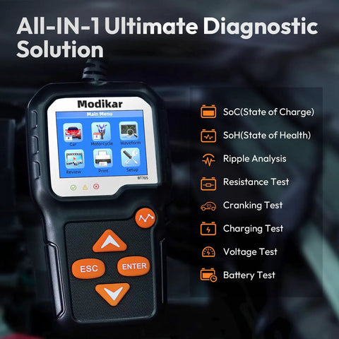 6V 12V Car Battery Tester BT705 With 100-2000 CCA Range And Alternator Tester, pocket-sized black handheld unit
