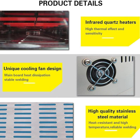Product details of Automatic Reflow Soldering Machine For SMD SMT PCB Boards with infrared quartz heaters and cooling fan.