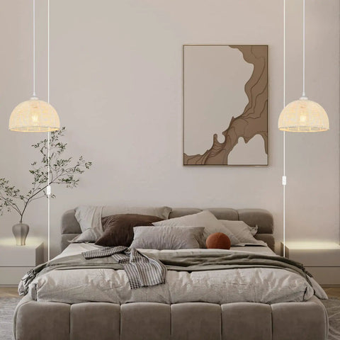 Bedroom with plug in pendant light with 16ft rattan boho woven hanging cord, arc design in cream finish, chill vibe ambient glow
