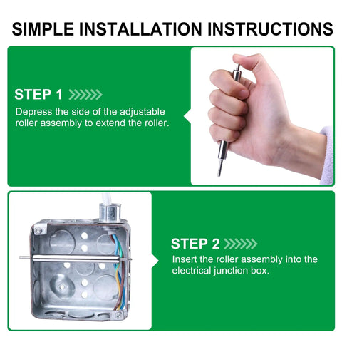 Installation guide for Heavy Duty Stainless Steel Wire Pulling Roller For Electrical Wiring, showing step-by-step usage in a 4-inch box.