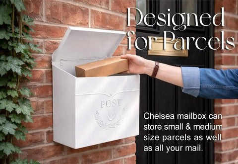 Outdoor Wall Mount Mailbox 11.5 x 5 x 13 Inches White Waterproof Heavy Duty Metal Mailbox For Outside Built To Last Modern Wall Mounted Door Mailbox Weatherproof Chelsea Style Box With Secure Slot shown holding package