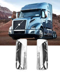 Chrome Door Mirror Covers For Volvo VNL VNM Trucks Left Driver And Right Passenger Side Set For 2004 To 2017 displayed with truck