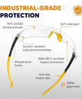 Safety Glasses 6 Pack With UV400 Protection And ANSI Z87.1 Certification, wraparound frame with soft nose pad and rubber tips.
