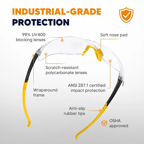 Safety Glasses 6 Pack With UV400 Protection And ANSI Z87.1 Certification, wraparound frame with soft nose pad and rubber tips.