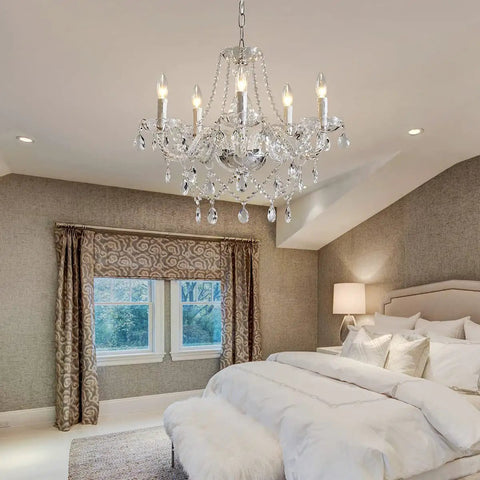 6 Light Black Crystal Chandelier With K9 Crystals, Modern Ceiling Fixture in a bedroom setting