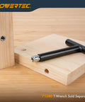 50 Pack Three Eighths By Sixteen Beefy Threaded Wood Inserts For Hardwood Softwood And Plywood Anti Rotation Nut Inserts 18mm Length For Woodworking And Furniture Projects shown in installed position on wood surface with T-wrench beside.
