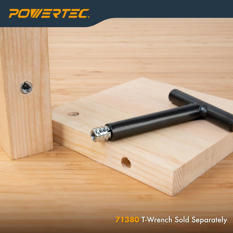 50 Pack Three Eighths By Sixteen Beefy Threaded Wood Inserts For Hardwood Softwood And Plywood Anti Rotation Nut Inserts 18mm Length For Woodworking And Furniture Projects shown in installed position on wood surface with T-wrench beside.