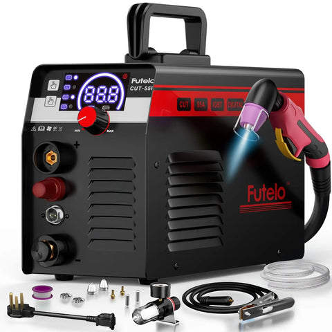 Dual Voltage Plasma Cutter 55A With Non Touch Pilot Arc, IGBT Inverter, Large LED Display, Cuts Clean Half Inch Metal shown