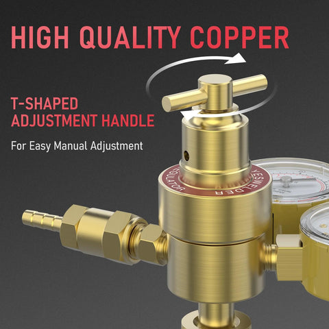 Front close-up of brass YESWELDER argon/CO2 welding regulator with a T-shaped adjustment handle and gauge.