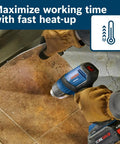 Cordless 18V Heat Gun Bare Tool for quick heat up and high temp 930F max in action on tile with gloves, jobsite use