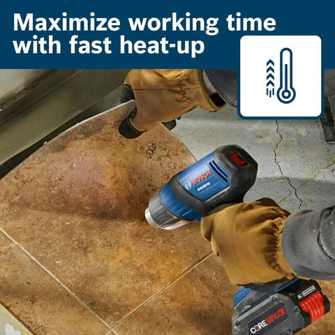Cordless 18V Heat Gun Bare Tool for quick heat up and high temp 930F max in action on tile with gloves, jobsite use
