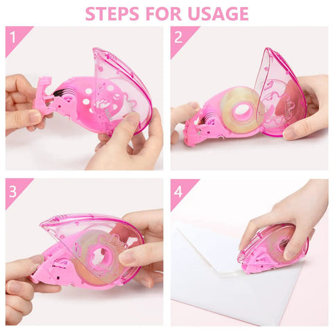 Sleek Pink Automatic Tape Dispenser For Washi And Standard Office Tape Super Handheld Push Cut Mechanism Portable Desk Organizer Battery Free Home Game Changer usage steps in four images.