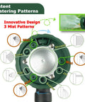 Heavy Duty 21 Inch Watering Wand With Pivoting Head And Ergonomic Handle, Adjustable Sprayer showing six watering patterns