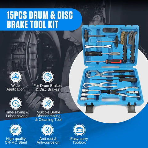 Pro Grade 15 Piece Drum And Disc Brake Tool Kit For Cars And Light Trucks with spring pliers, compressor, caliper cleaning tools in open case