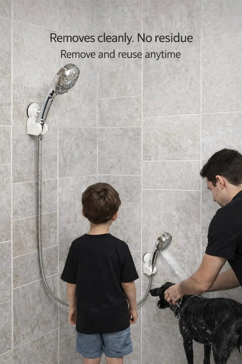 Father and child using 45 Degree Adjustable Handheld Shower Head Holder With Strong Suction Cup Wall Mount Bracket in bathroom