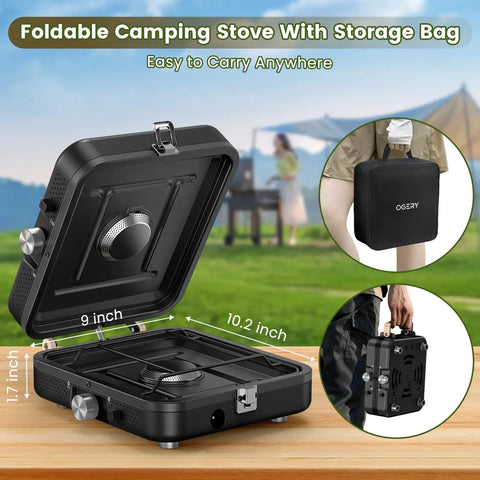 Folded two burner foldable camp stove with dual surface griddle textured and smooth for grilling and breakfast on the go
