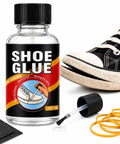 Heavy Duty Shoe Glue 30 Grams Clear Waterproof Flexible Adhesive For Sneak Restoration And Boot Craft next to a sneaker.