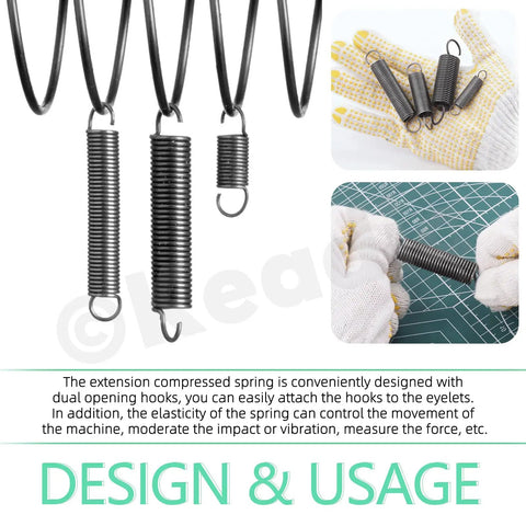 Heavy Duty Extension Spring Kit 36 Pieces, 12 Sizes, zinc plated wire springs with hook ends shown in use and hand-held.