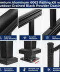 Rock Solid Black Aluminum Railing Posts With Included Mounting Screws Weather Resistant Outdoor Deck Fence Hardware Heavy Duty Powder Coated Support Kit For Patio Build Outs That Are Legit Built Tight And Low Maintenance showing 6063 aluminum kit with black powder coating.