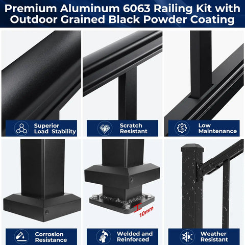 Rock Solid Black Aluminum Railing Posts With Included Mounting Screws Weather Resistant Outdoor Deck Fence Hardware Heavy Duty Powder Coated Support Kit For Patio Build Outs That Are Legit Built Tight And Low Maintenance showing 6063 aluminum kit with black powder coating.