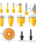 HASFER 13-pc diamond core drill set with vacuum brazed hole saws; 5/8-11 threads; for marble/ceramic/porcelain
