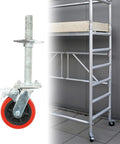 Battle Ready Six Inch Scaffold Casters With Solid Iron Rod And Premium Polypropylene Shell featuring a steel leveling stem and connected to scaffold.