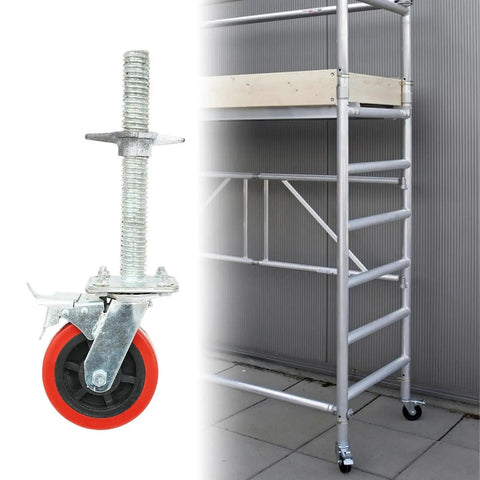 Battle Ready Six Inch Scaffold Casters With Solid Iron Rod And Premium Polypropylene Shell featuring a steel leveling stem and connected to scaffold.