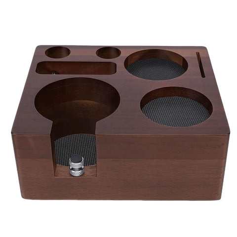 This Dead Easy Acacia Wood Coffee Tamper Station Keeps Your Espresso Gear Tidy And Quick To Grab Featuring Grippy Rubber Pads for organized espresso tools.